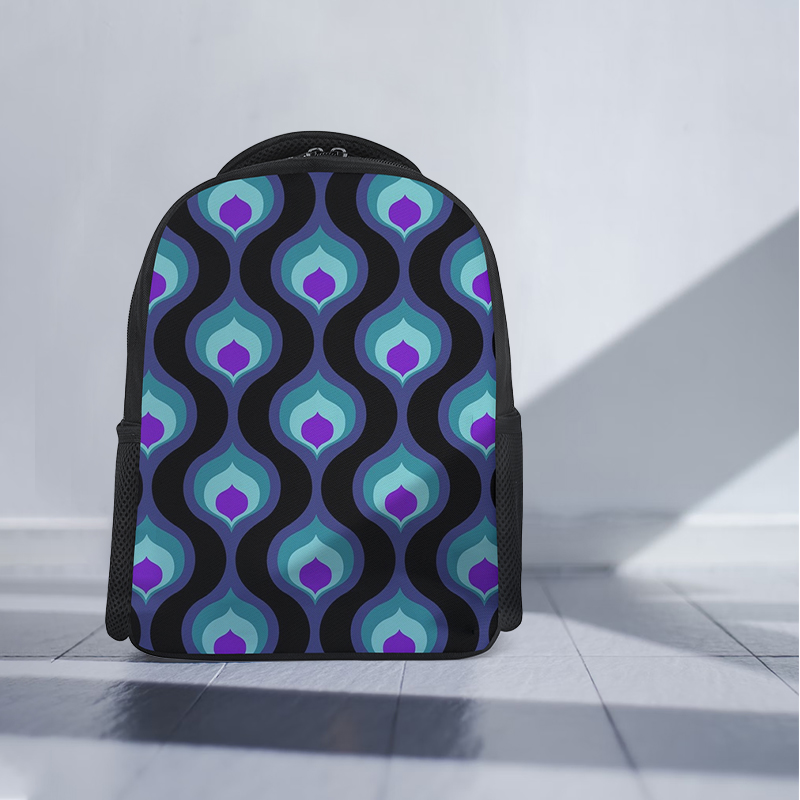 A backpack with an abstract pattern is placed on the floor