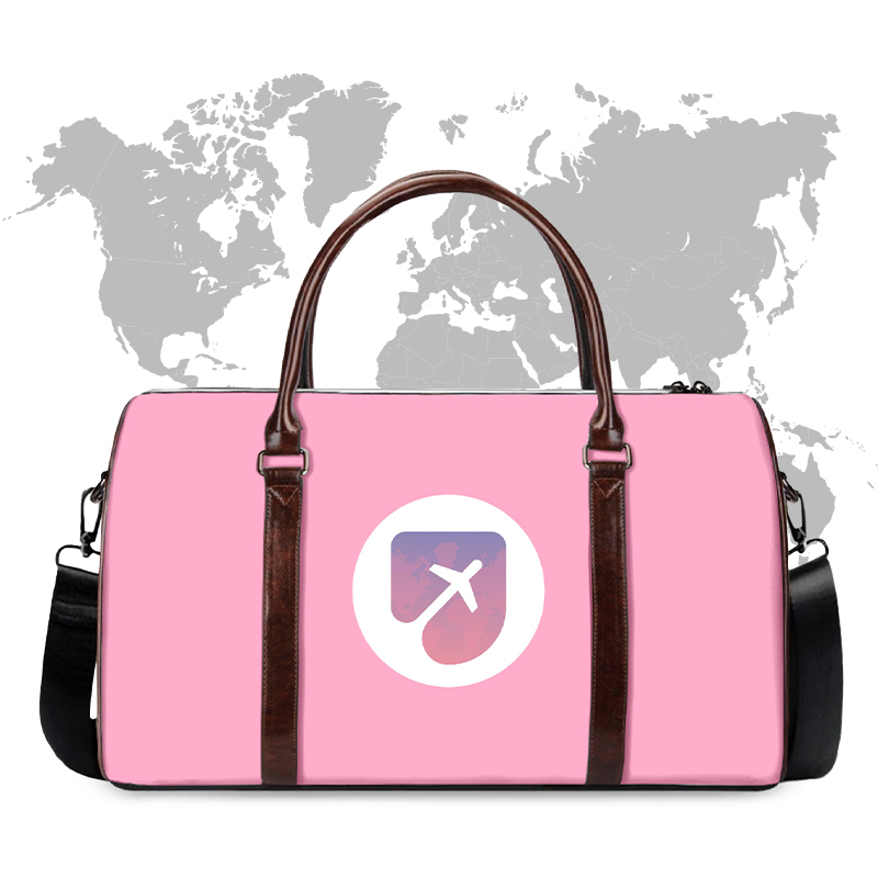 A pink duffel bag with an airplane logo