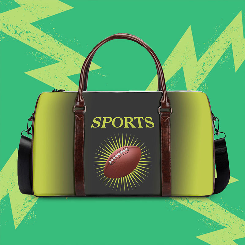 A green duffle bag with a Football graphic