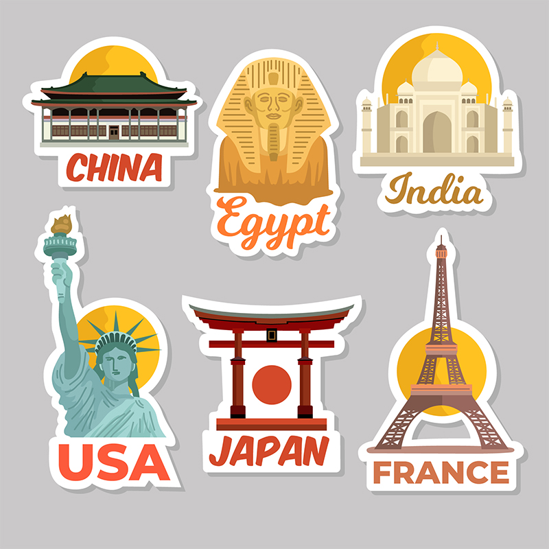 Stickers with many famous landscapes