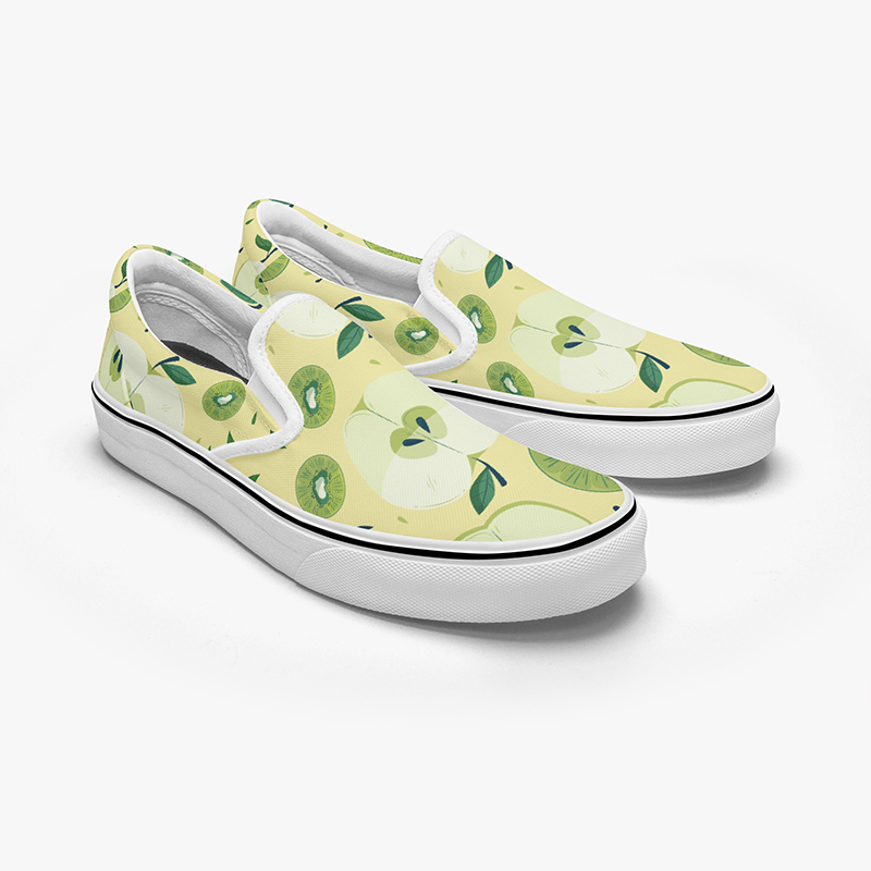 A pair of canvas shoes with fruit patterns