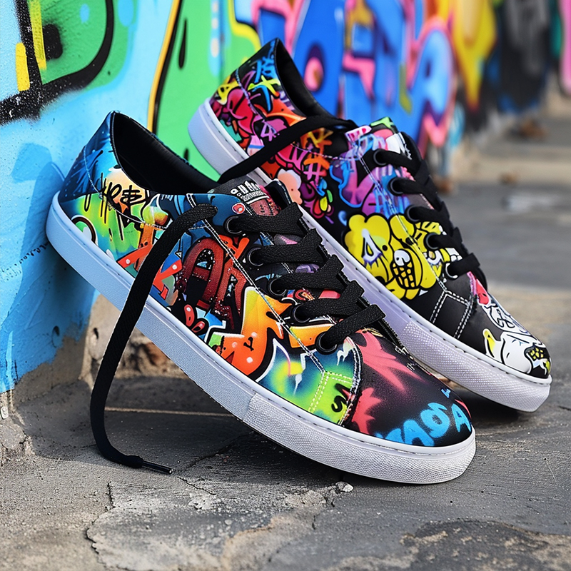 A pair of low-top sneakers with a brightly painted graffiti pattern