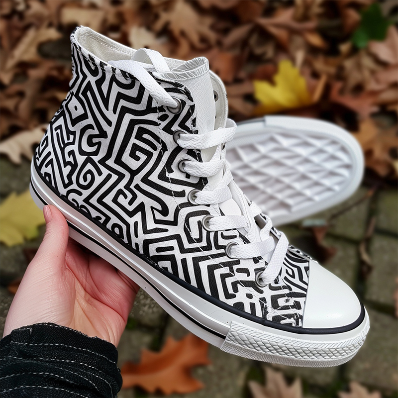 A pair of high-top canvas shoes with black and white line graffiti patterns