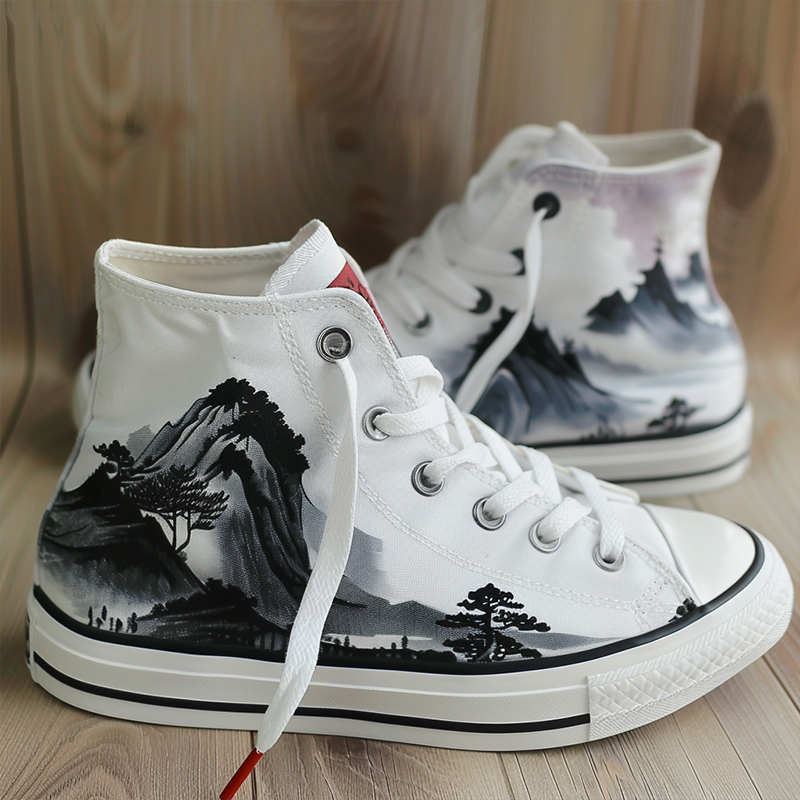 A pair of high-top canvas shoes with a landscape ink painting design