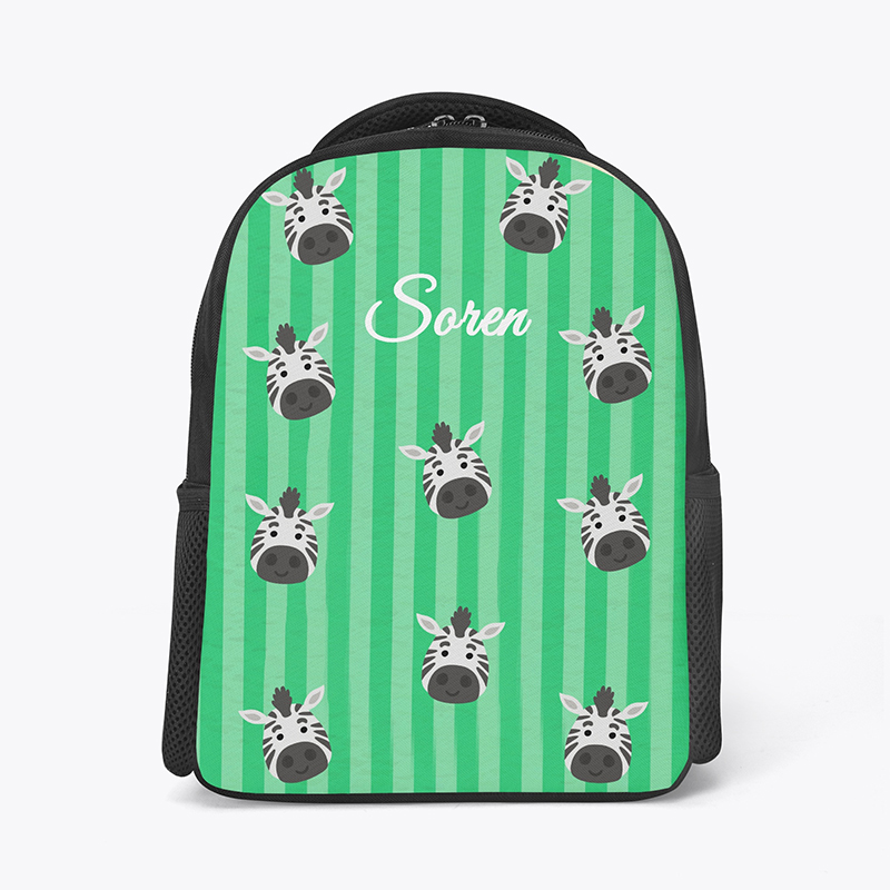 A green backpack with personalized text