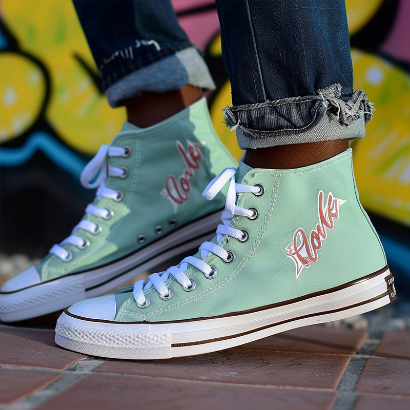 A pair of light green high-top canvas shoes with personalized text