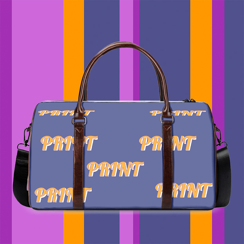 A blue duffel bag with a text pattern