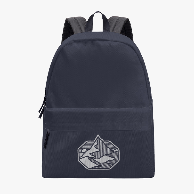 A black backpack with a logo