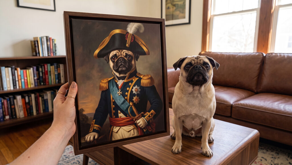 A hand holds a framed portrait of a pug dressed as a historical military general, wearing a bicorne hat, a blue uniform with gold epaulettes, and a red sash. Beside the painting, the real fawn pug sits patiently on a wooden coffee table, looking directly at the camera. The background features a cozy living room setting with a wooden bookcase on the left and a brown leather sofa on the right.