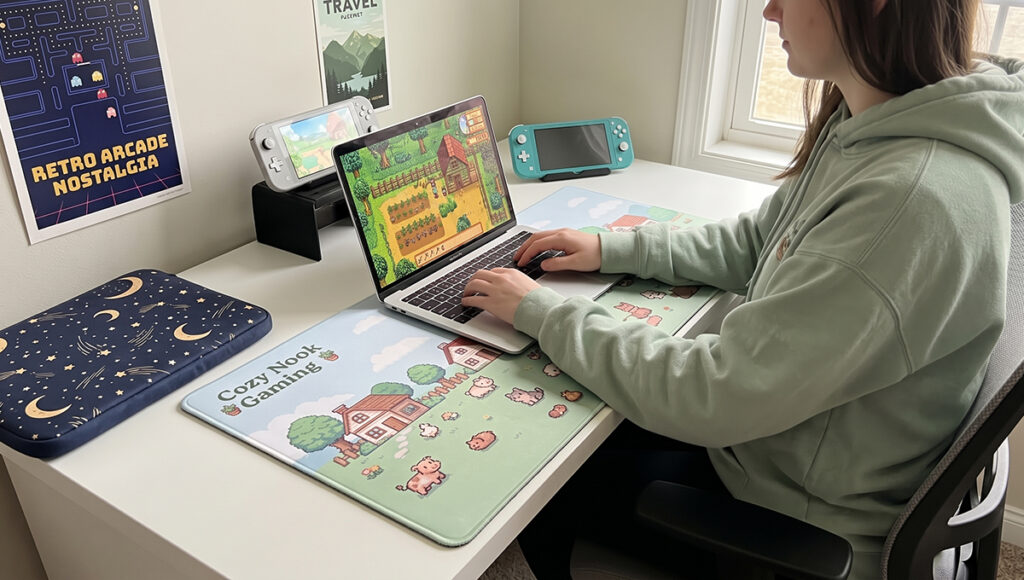 A person in a light green hoodie sits at a white desk playing a farming game on a laptop. The laptop rests on a large pastel desk mat reading
