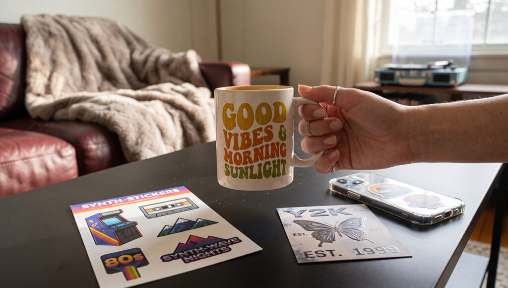 A hand wearing rings holds a white mug with wavy, retro orange and green text reading
