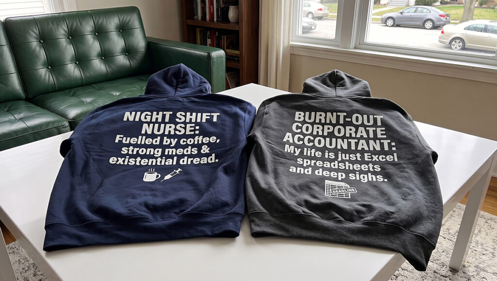 Two hoodies lie on a white table. The navy hoodie reads