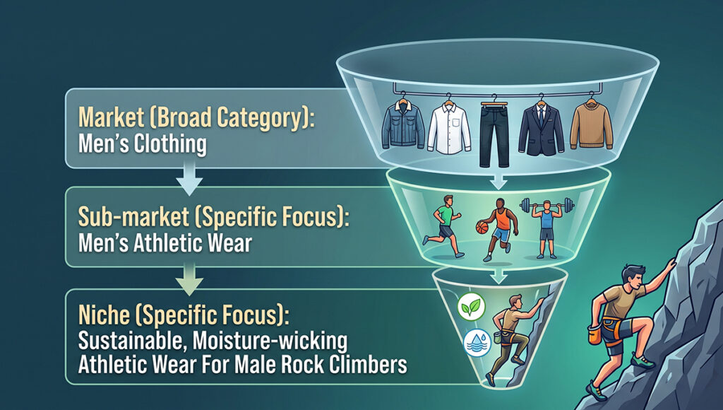 A 3-level funnel diagram showing market narrowing. Top: