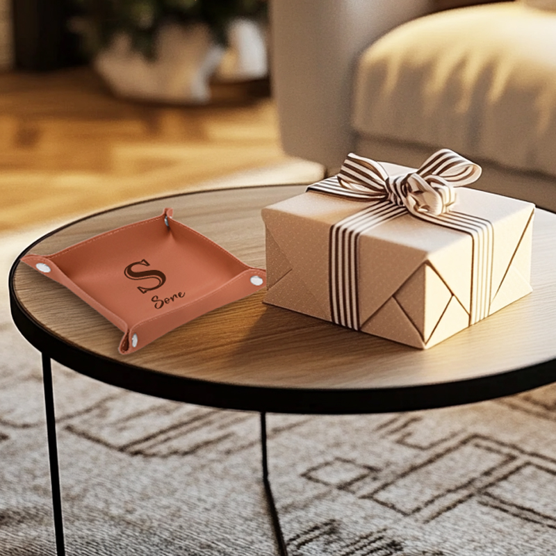 A brown leather valet tray as a gift