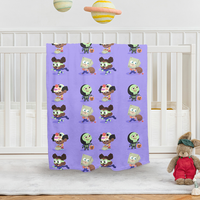 Purple blanket with cartoon characters