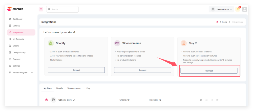 How do I connect my Etsy store with JetPrint