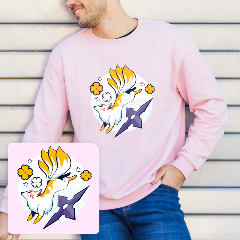 A man wearing a pink sweatshirt with an illustration