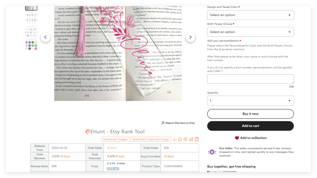 A screenshot of an Etsy product page showing a clear, personalized bookmark resting on an open book. The bookmark features a pink floral design, the name 'Olivia' in cursive, and a pink tassel. On the right are dropdown menus to select design, tassel color, birth flower, and a personalization text box, above 'Buy it now' and 'Add to cart' buttons. At the bottom is an EHunt Etsy Rank Tool data overlay.