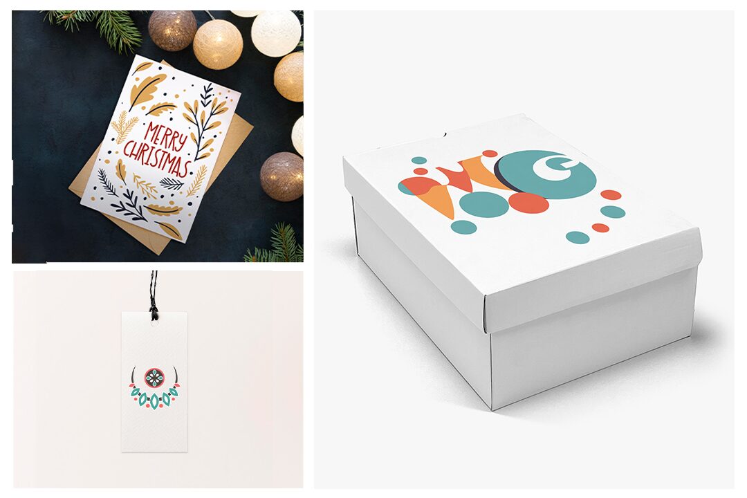 Custom branding options including branded shoe box, greeting card and clothing label for print on demand products