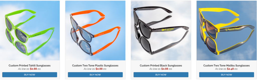 A grid of four custom-branded sunglasses product panels on a blue sky background. 1: Green frame 