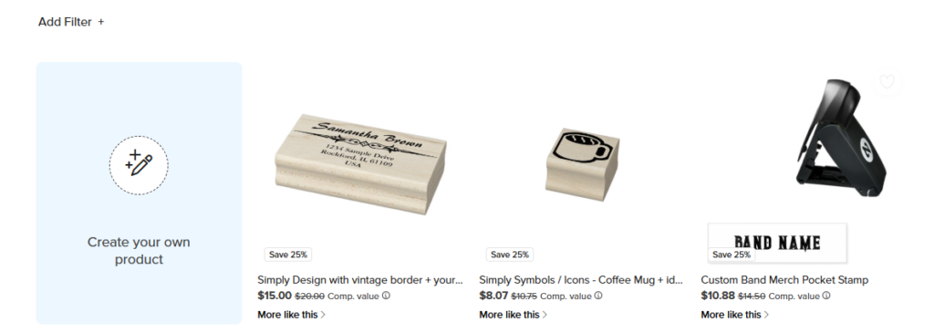 Three custom stamps displayed with sale prices and a 'Save 25%' badge. The left is a rectangular wooden return address stamp ($15.00). The middle is a small square wooden stamp featuring a coffee mug icon ($8.07). The right is a black self-inking 'Custom Band Merch Pocket Stamp' ($10.88) with a sample 'BAND NAME' imprint.