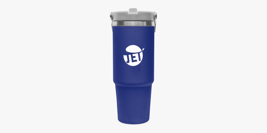 A tumbler with a logo design