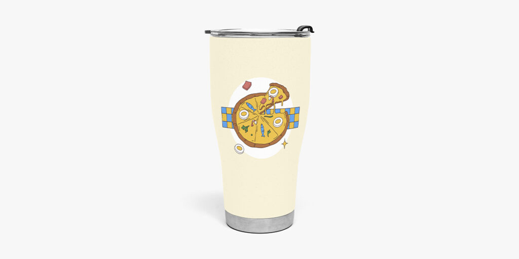 A tumbler with a pizza design