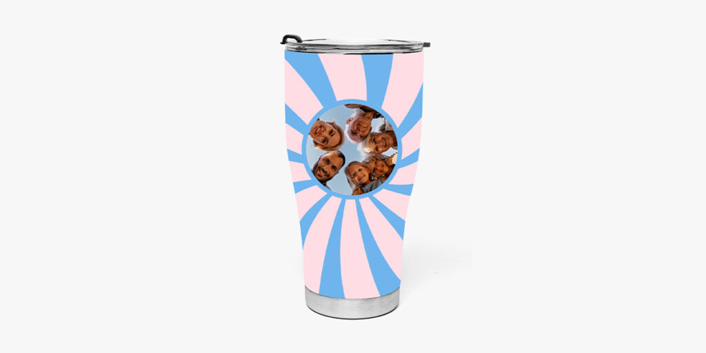A tumbler with a family photo design