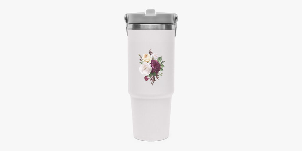 A tumbler with a floral design
