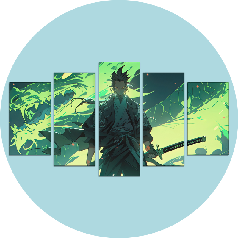A five-panel canvas painting with anime design