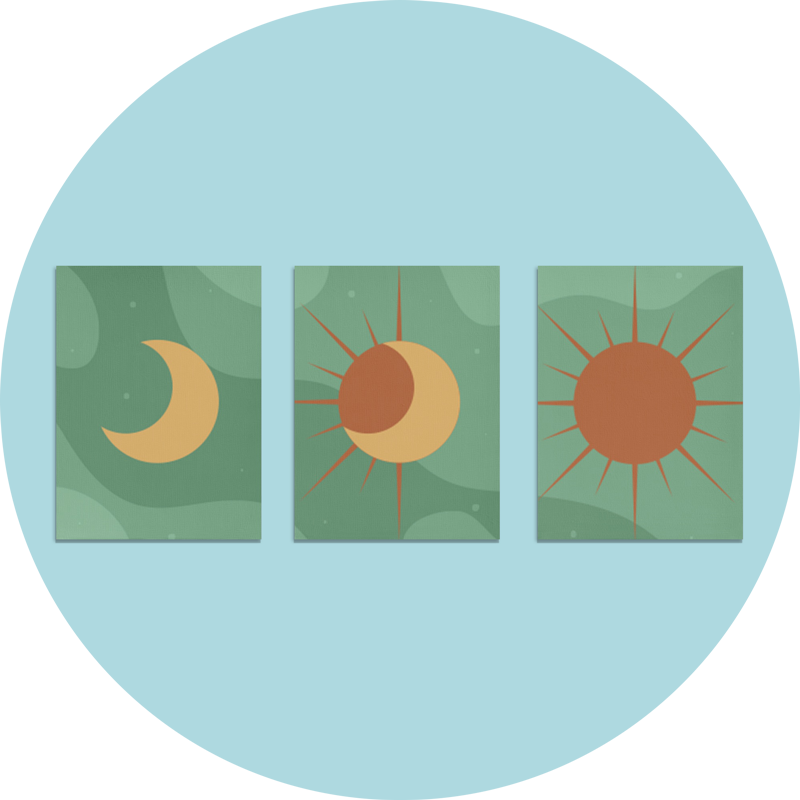 A triptych of illustrated canvas printing