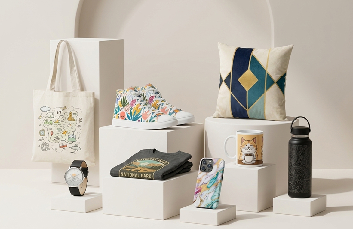 A selection of blank print on demand products including a shoe, watch, cap and mug from the JetPrint catalog