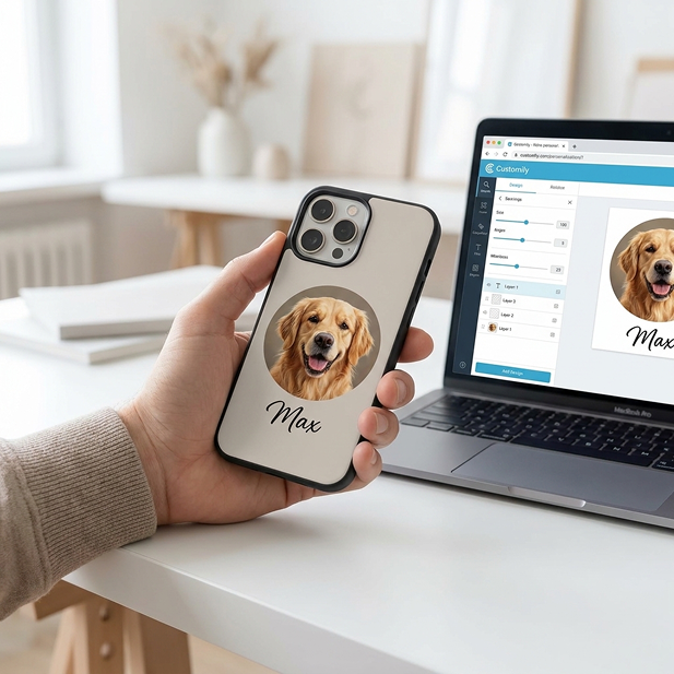 A person holding a personalized phone case with a pet photo printed on it