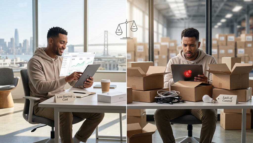 A side-by-side image comparing dropshipping pros and cons, separated by a scale icon. On the left, a smiling man uses a tablet showing data in a clean office with a city view; a desk sign says
