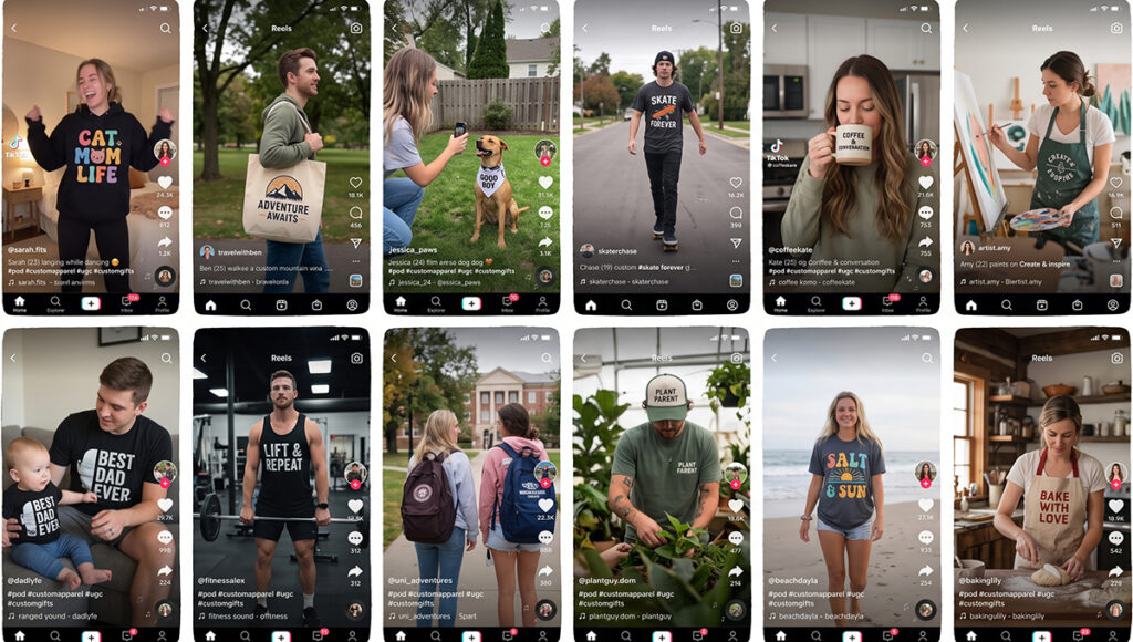 A 2x6 grid of mobile screens displaying short-form social media videos. Each screen features a different creator modeling custom print-on-demand products in everyday lifestyle settings. The items include graphic t-shirts, hoodies, aprons, tote bags, hats, and mugs with niche slogans like