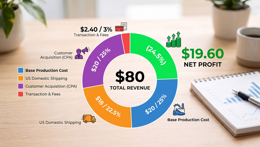 A donut chart breaking down an $80 total revenue: $19.60 (24.5%) Net Profit, $20 (25%) Base Production Cost, $18 (22.5%) US Domestic Shipping, $20 (25%) Customer Acquisition (CPA), and $2.40 (3%) Transaction & Fees. The chart is labeled with color-coded segments and icons on a wooden desk background next to a notebook.