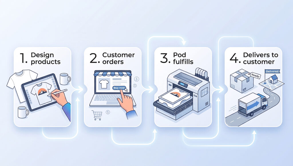 A 4-step print-on-demand process. 1. Design products: A hand draws a design on a tablet. 2. Customer orders: A hand clicks 'Buy now' on a laptop's online store. 3. Pod fulfills: A commercial printer prints the design onto a t-shirt. 4. Delivers to customer: A packaged box and a delivery truck head to a customer's house. Arrows connect each step sequentially.