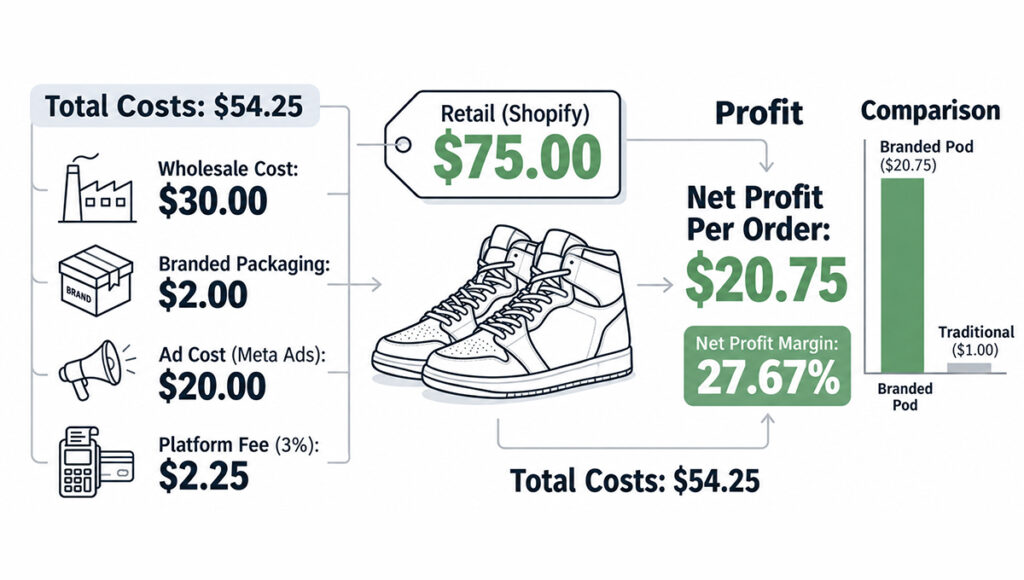 Infographic showing a Shopify sneaker sale profit breakdown. Retail price is $75.00. Total costs are $54.25, comprising wholesale ($30.00), packaging ($2.00), Meta ads ($20.00), and platform fee ($2.25). This yields a net profit of $20.75 per order and a 27.67% margin. A chart compares this Branded POD profit ($20.75) against traditional profit ($1.00).