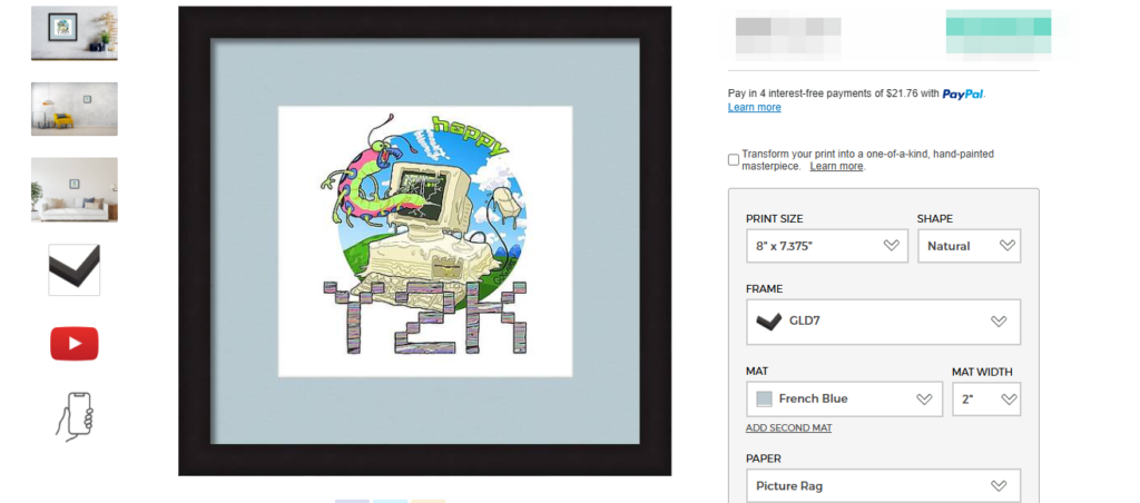 Screenshot of a product page displaying Fine Art America custom products. The main image is a framed art print with a black frame, French Blue mat, and Y2K-themed artwork featuring an old computer and colorful alien. Customization menus for print size, frame style, mat color, and paper type are shown on the right, alongside room preview thumbnails on the left.
