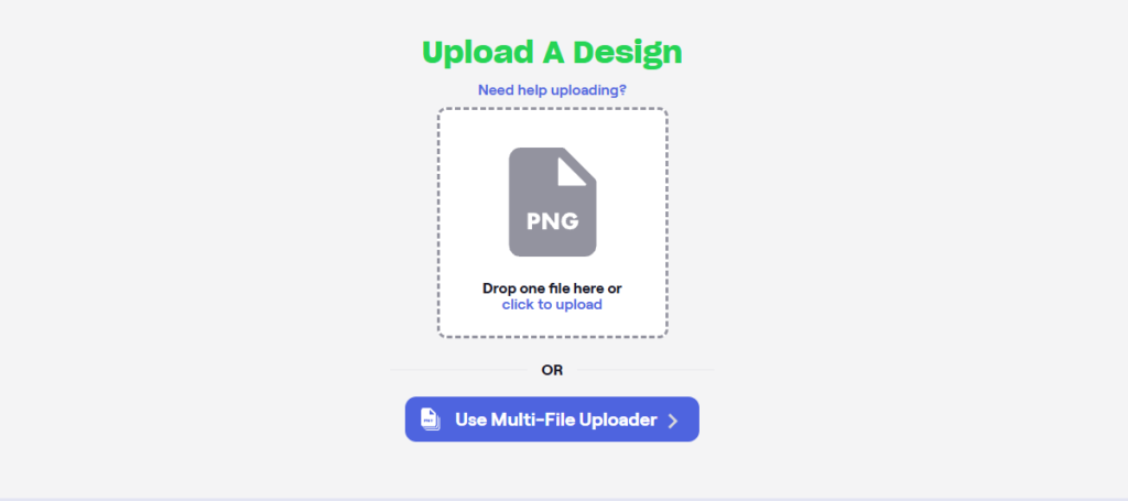 Upload A Design interface on TeePublic featuring a drag-and-drop box with a PNG icon, instructions saying 'Drop one file here or click to upload', and a blue 'Use Multi-File Uploader' button below.