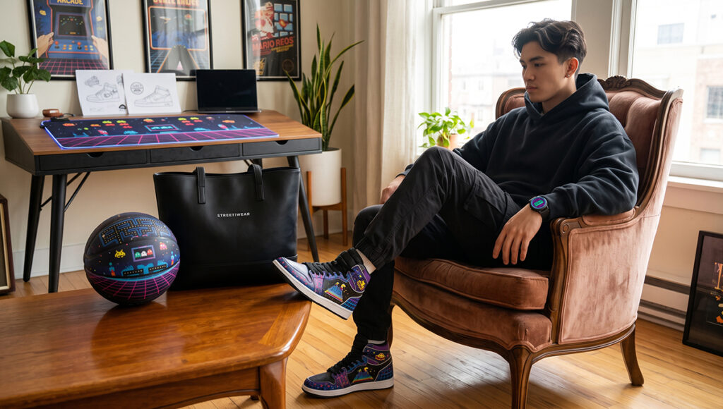 A young man in a black hoodie sits in a velvet armchair, showing off custom high-top sneakers featuring neon retro arcade graphics. A matching retro gaming basketball and a black