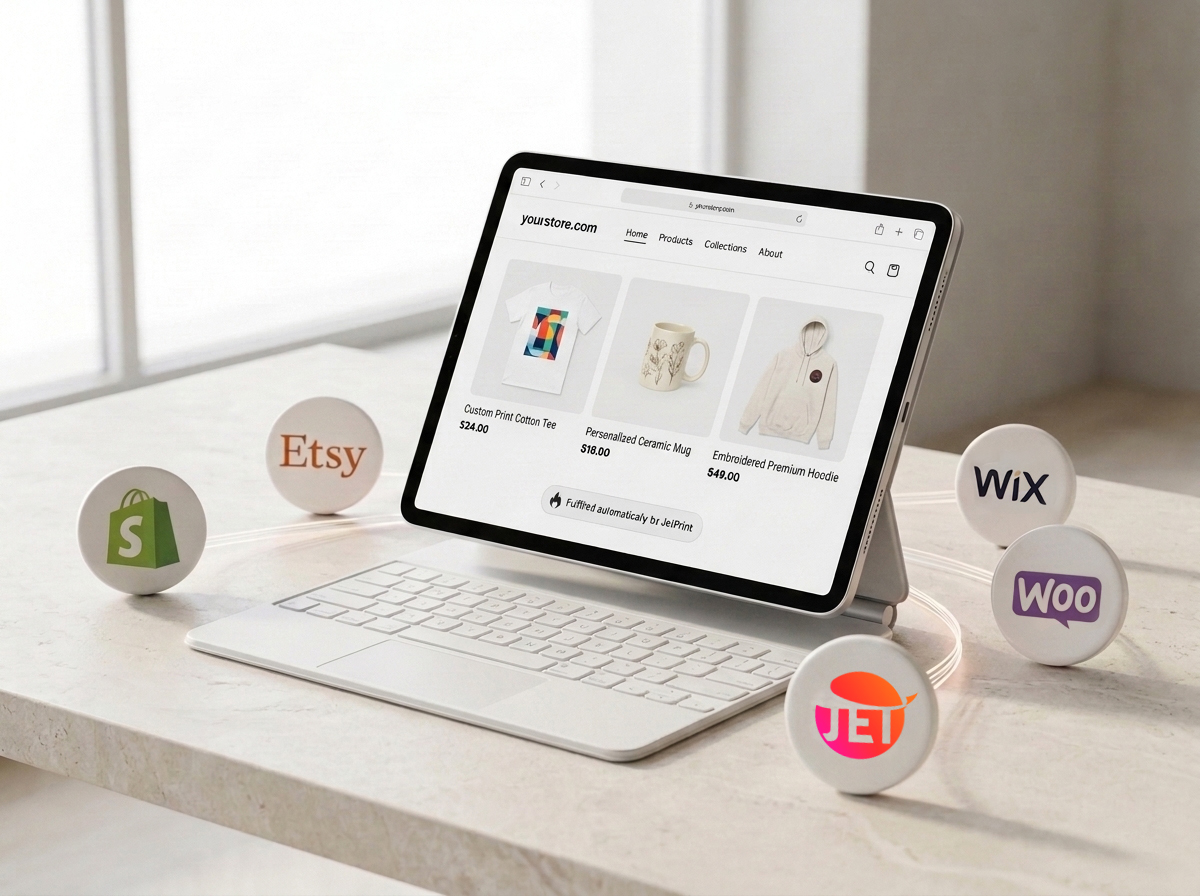 JetPrint logo on a computer screen surrounded by connected e-commerce platform icons
