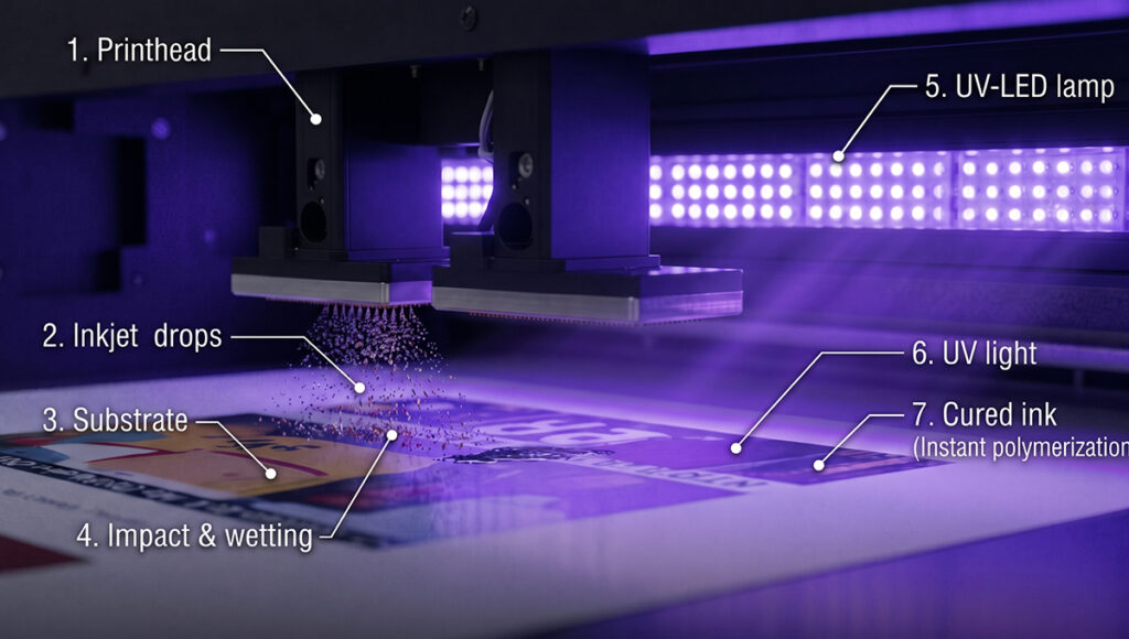 Annotated diagram of the UV printing process. A printhead releases inkjet drops onto a substrate. A UV-LED lamp emits UV light, instantly curing the ink. Numbered labels: 1. Printhead, 2. Inkjet drops, 3. Substrate, 4. Impact & wetting, 5. UV-LED lamp, 6. UV light, 7. Cured ink (Instant polymerization).