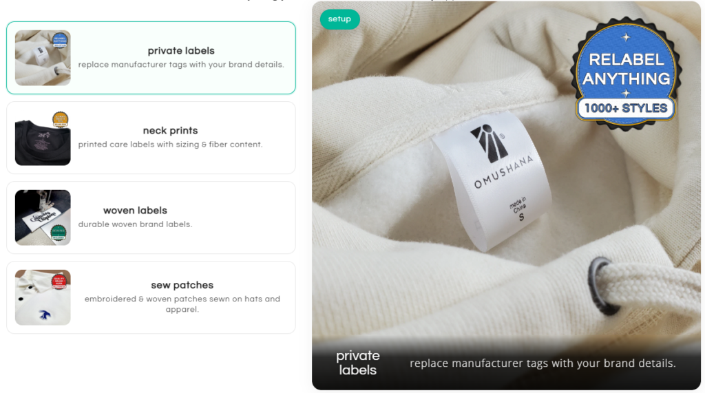 Apliiq print-on-demand branding services showcase displaying custom options, including private labels, neck prints, woven labels, and sewn patches. The feature image highlights a custom-branded private label tag sewn into a hoodie.
