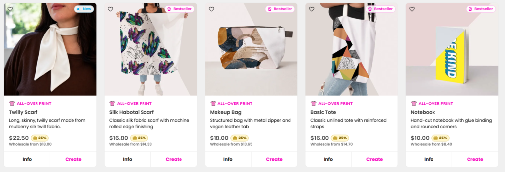 Art of Where print-on-demand product catalog showcasing five customizable item cards: a Twilly Scarf, Silk Habotai Scarf, Makeup Bag, Basic Tote, and Notebook. Each card displays product mockups, descriptions, prices, and wholesale rates.