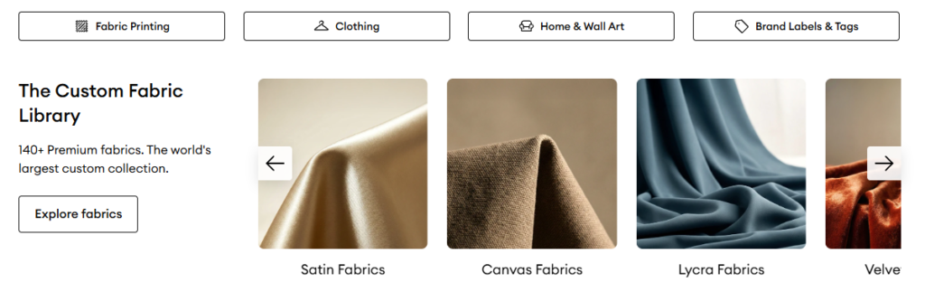 Contrado print-on-demand custom fabric library showcase featuring categories like Fabric Printing, Clothing, Home & Wall Art, and Brand Labels & Tags. Displays fabric options including Satin, Canvas, Lycra, and Velvet.