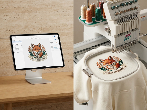 AI generated embroidery design stitched onto a hoodie