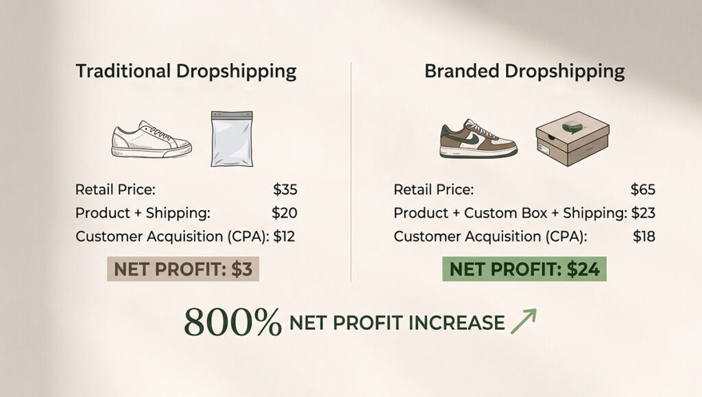 Infographic comparing Traditional and Branded Dropshipping. Traditional shows a basic shoe and plastic bag, yielding a $3 net profit ($35 retail). Branded shows a stylized shoe and custom box, yielding a $24 net profit ($65 retail). Bottom text highlights an 800% NET PROFIT INCREASE.
