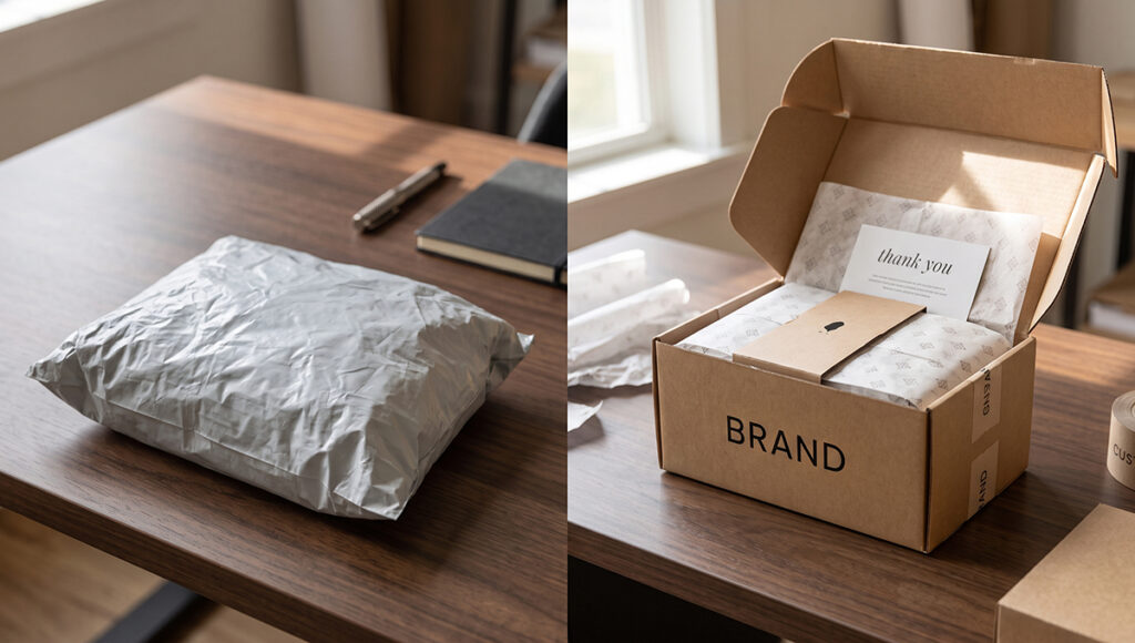 A side-by-side comparison of e-commerce packaging. Left: A generic, wrinkled grey poly mailer package sitting on a wooden desk. Right: An open, custom cardboard box printed with 'BRAND' on the front, neatly packed with patterned tissue paper, a custom paper band, and a 'thank you' card on top. Highlights the contrast between basic, unbranded dropshipping packaging and a premium, custom-branded unboxing experience.
