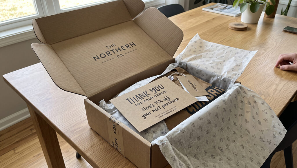 An open cardboard shipping box on a wooden table displaying a custom branded unboxing experience. The inside lid is printed with 